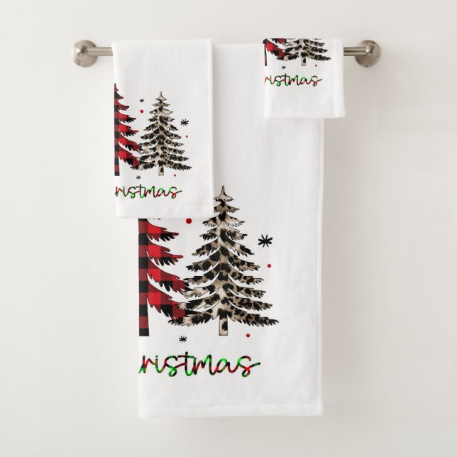 Merry Christmas with leopard and plaid printed  Bath Towel Set (Insitu)