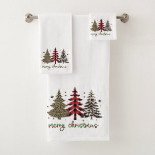 Merry Christmas with leopard and plaid printed Bath Towel Set