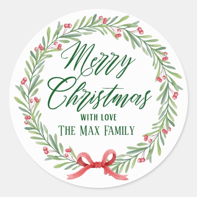 Merry Christmas With Love Wreath Holiday Classic Round Sticker (Front)