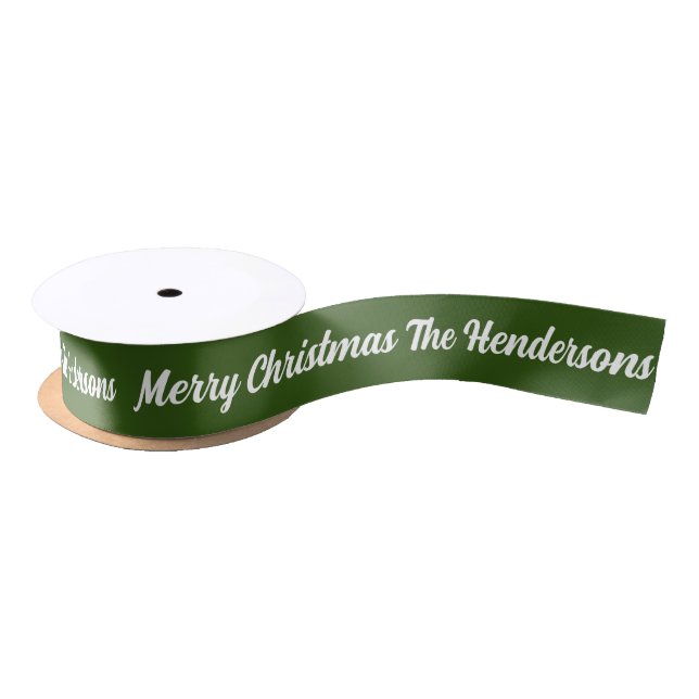 Merry Christmas with Name Dark Green and White Satin Ribbon (Spool)
