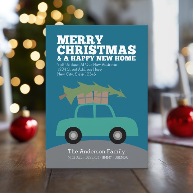 Merry Christmas with New Home Address Moving Holiday Card (Holiday Moving Card with New Address and Cute Car carrying Christmas Tree)