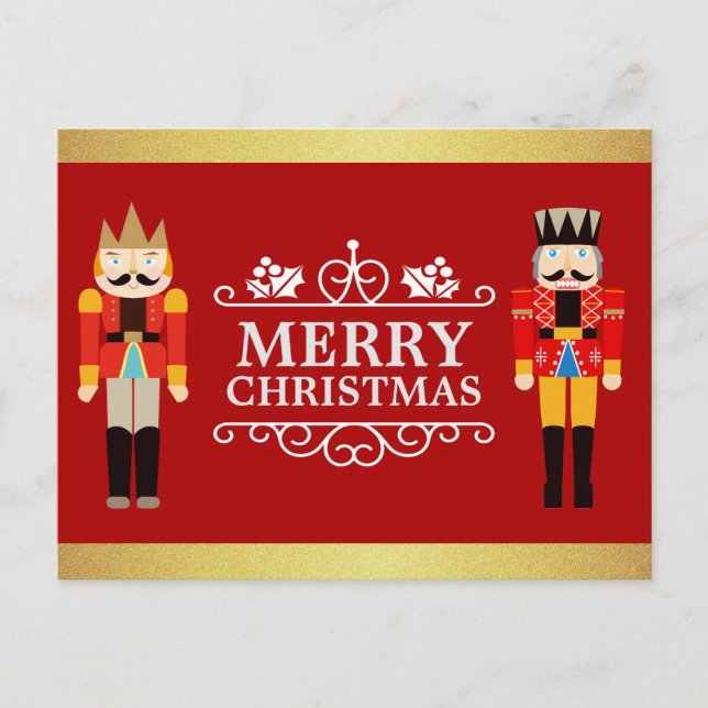 Merry Christmas with Nutcrackers Red Gold Glitter Holiday Postcard (Front)