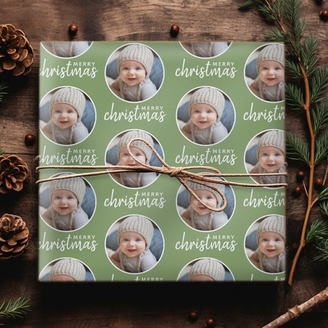 Merry Christmas with One Circle Photo - green Wrapping Paper (Personalized Christmas Wrapping Paper - Add your Photo for a festive gift!)