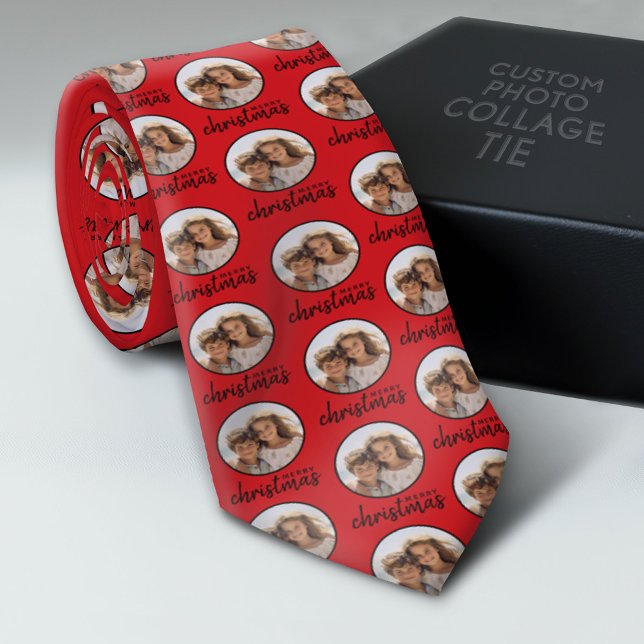 Merry Christmas with One Circle Photo - red black Tie (Photo Collage Neck Tie - Add Your Favorite Photos)