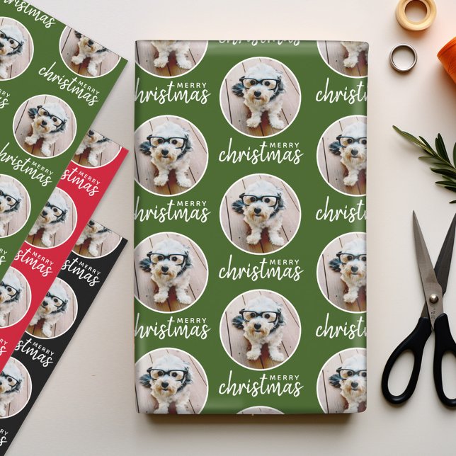 Merry Christmas with One Circle Photo - red green Wrapping Paper Sheet (Personalized Photo Wrapping Paper Sheets)