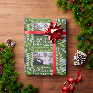 Merry Christmas with One Horizontal Photo - green Wrapping Paper