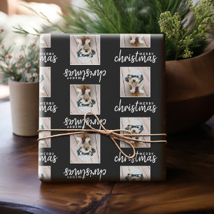 Merry Christmas with One Square Photo - black Wrapping Paper