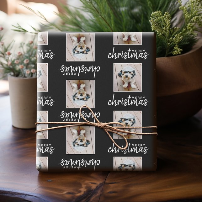Merry Christmas with One Square Photo - black Wrapping Paper (Personalized Photo Wrapping Paper)