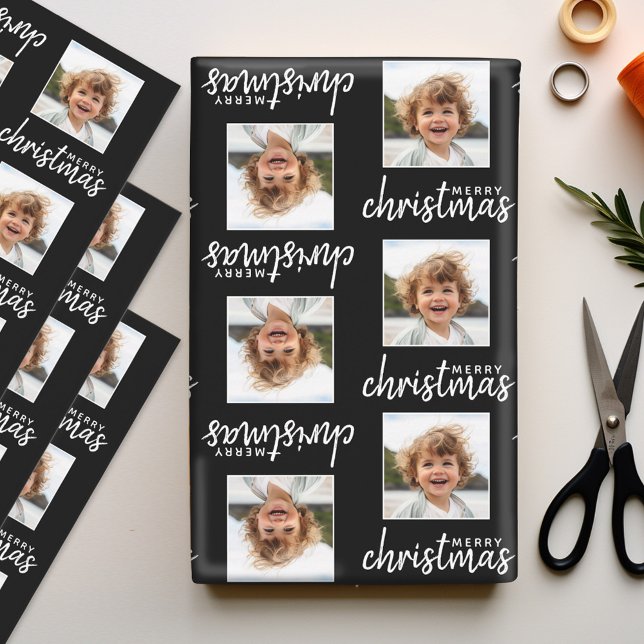 Merry Christmas with One Square Photo black Wrapping Paper Sheet (Personalized Photo Wrapping Paper Sheets)