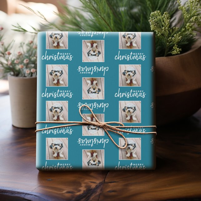 Merry Christmas with One Square Photo - blue Wrapping Paper (Personalized Photo Wrapping Paper)
