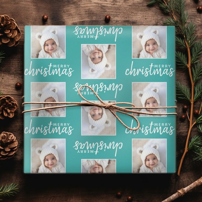 Merry Christmas with One Square Photo - blue Wrapping Paper (Personalized Christmas Wrapping Paper - Add a photo to this festive design!)