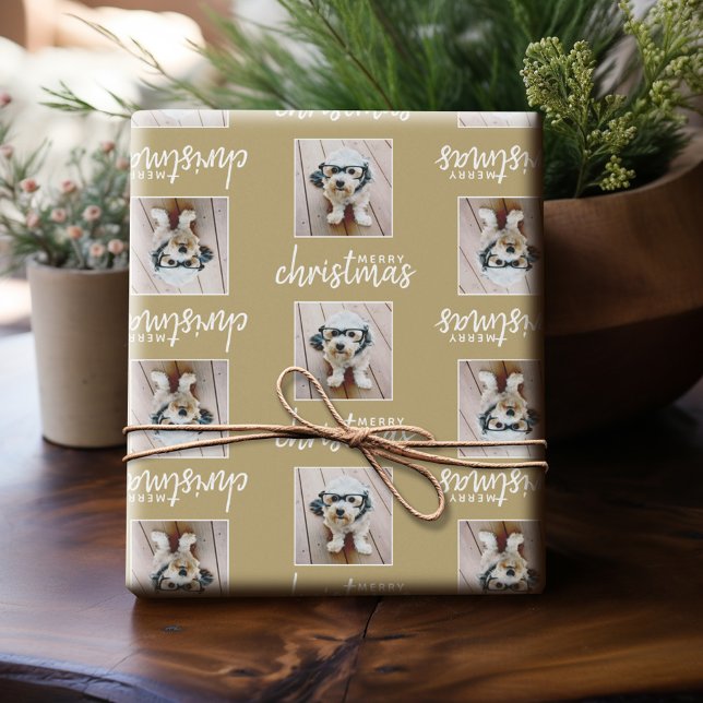 Merry Christmas with One Square Photo - gold Wrapping Paper (Personalized Photo Wrapping Paper)