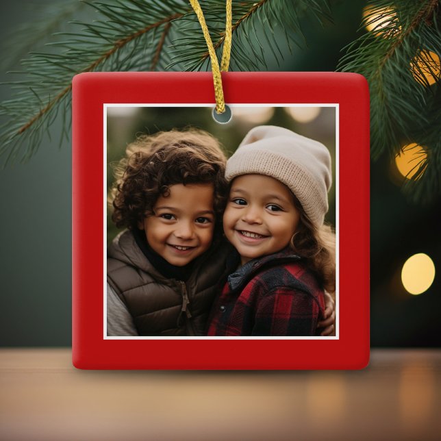 Merry Christmas with One Square Photo - red Ceramic Ornament (Cute and Modern, Minimalist Ornament for a Photo!)