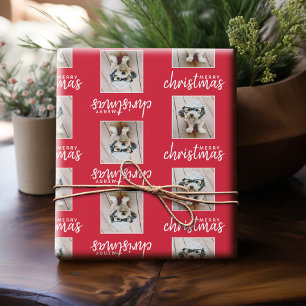 Merry Christmas with One Square Photo - red Wrapping Paper