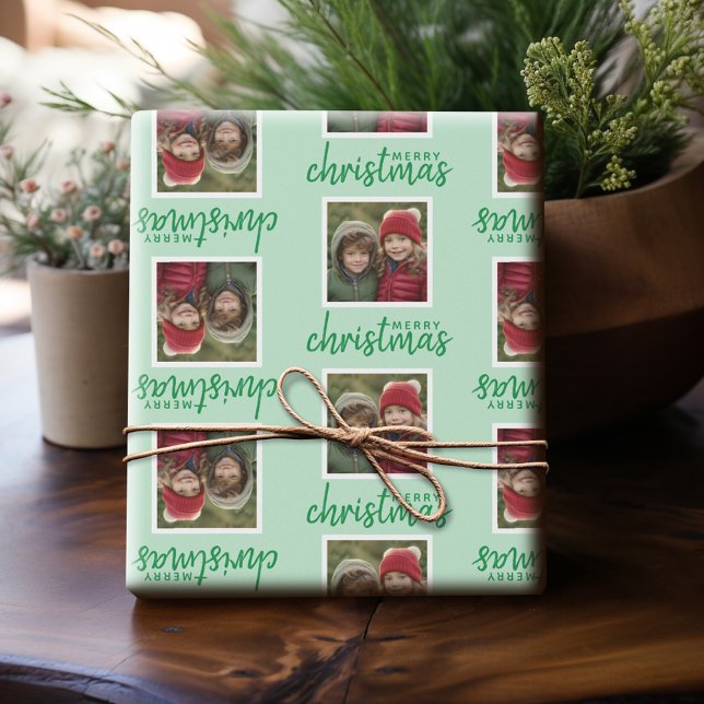 Merry Christmas with One Square Photo white green Wrapping Paper (Personalized Photo Wrapping Paper)