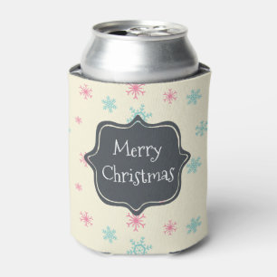 Merry Christmas With Pink And Blue Snowflakes Can Cooler