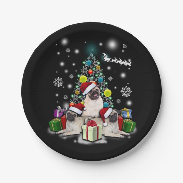 Merry Christmas with Pug Dog Animal Paper Plate (Front)