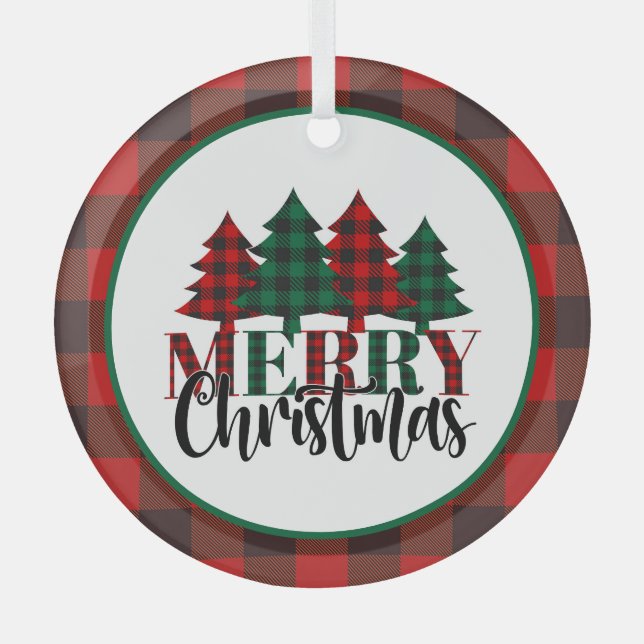 Merry Christmas with Red, Green and Black Plaid  Glass Tree Decoration (Front)