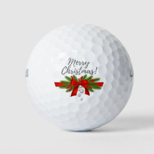 Merry Christmas with red ribbon gift golfer Golf Balls