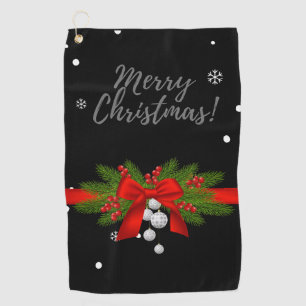 Merry Christmas with red ribbon gift golfer Golf Towel