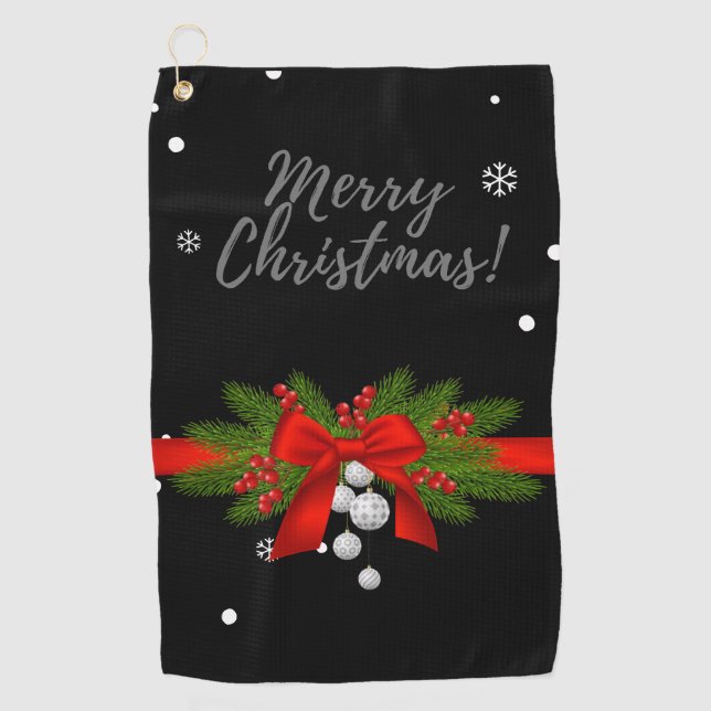 Merry  Christmas with red ribbon gift golfer  Golf Towel (Front)