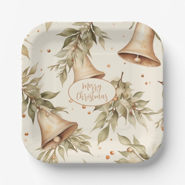 Merry Christmas with Rustic Bells and Foliage Paper Plate (Front)
