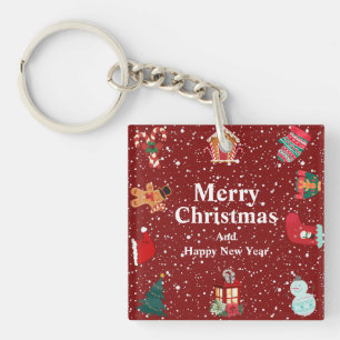 Merry christmas with snow- red holiday key ring