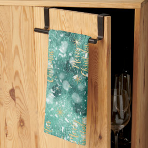 Merry Christmas With Snowflakes Tea Towel