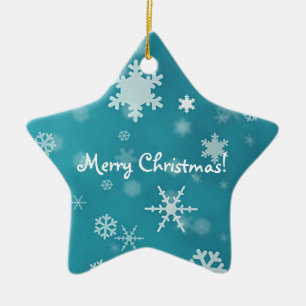 Merry Christmas with snowflakes turquoise Ceramic Tree Decoration