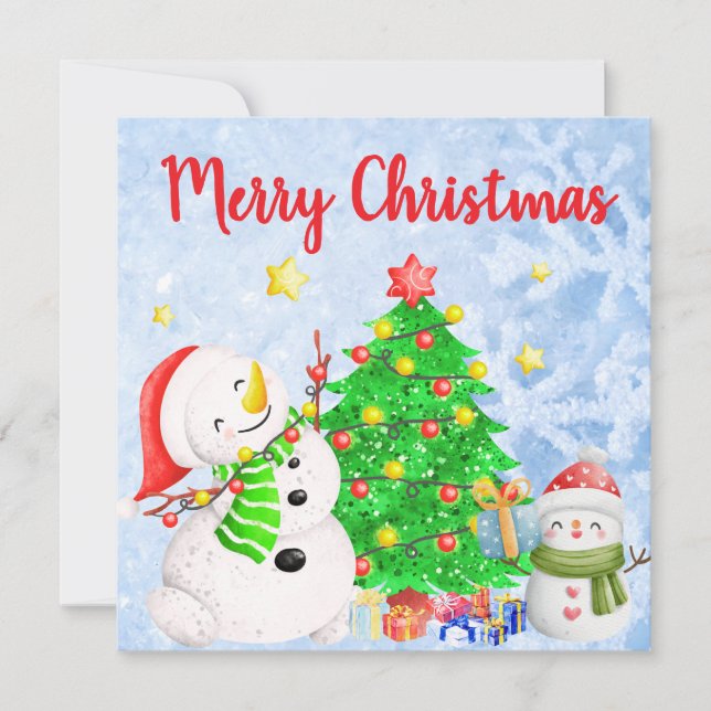 Merry Christmas with Snowman & Child w/ Tree Invitation (Front)