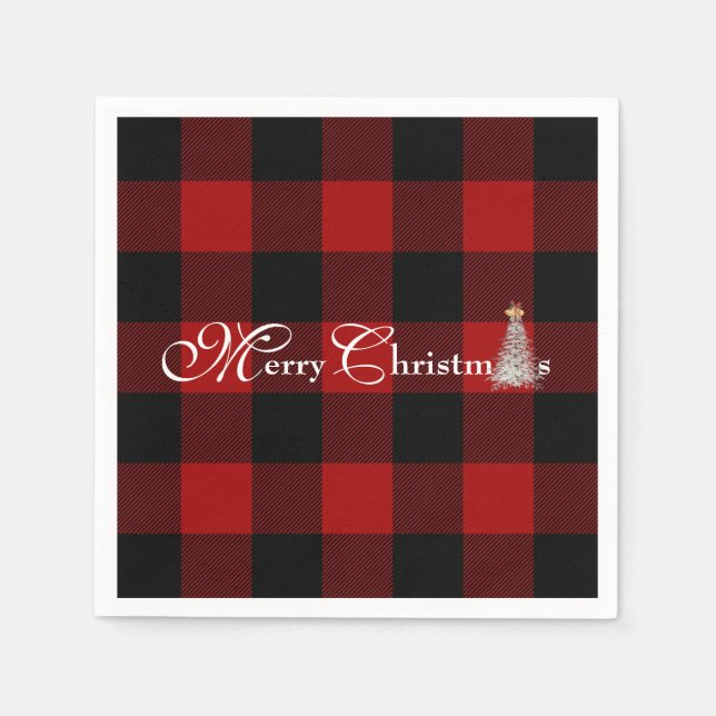 Merry Christmas with tree on buffalo plaid Napkin (Front)