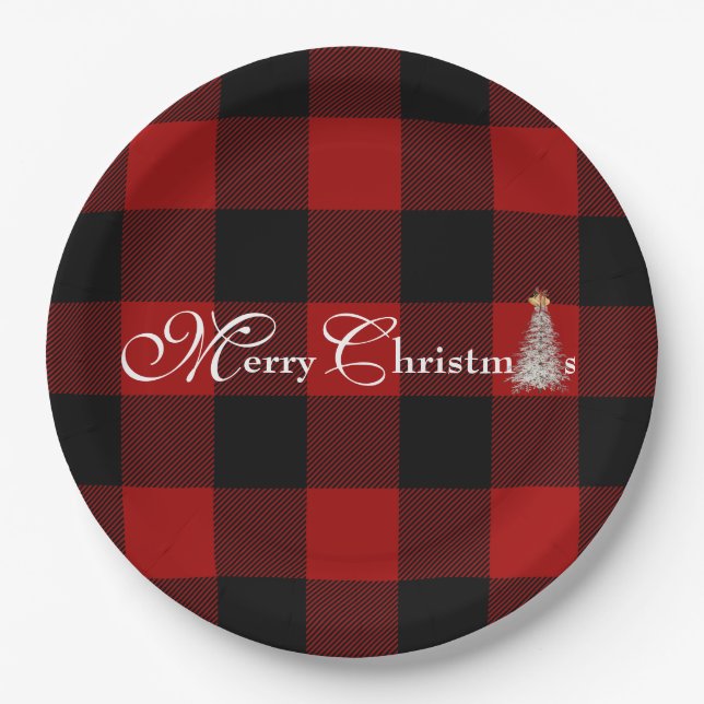 Merry Christmas with tree on buffalo plaid Paper Plate (Front)