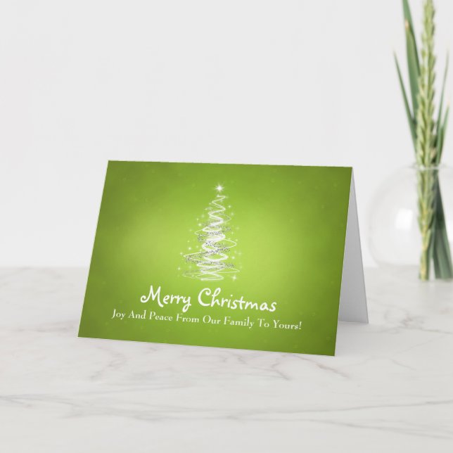 Merry Christmas with Tree sparkles in lime green Holiday Card (Front)