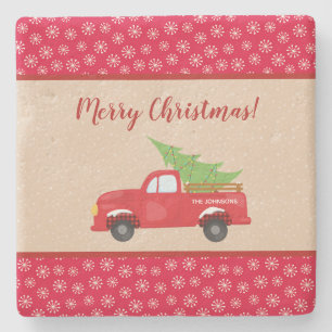 Merry Christmas with Truck and Tree, Family Name Stone Coaster