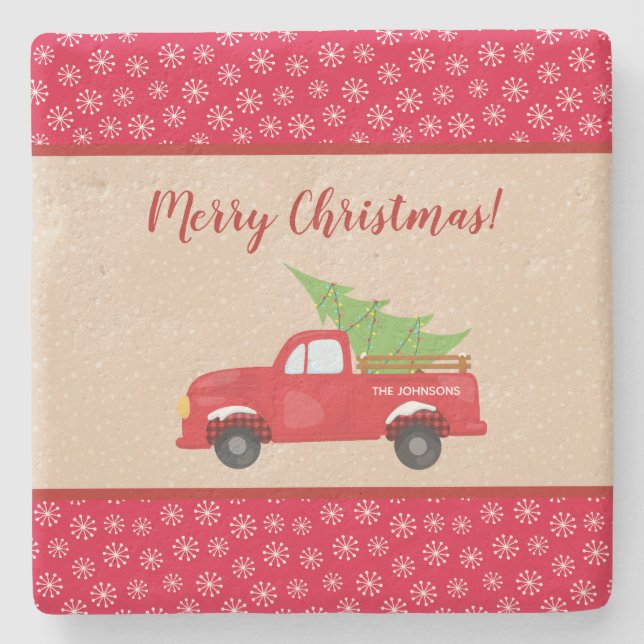 Merry Christmas with Truck and Tree, Family Name Stone Coaster (Front)