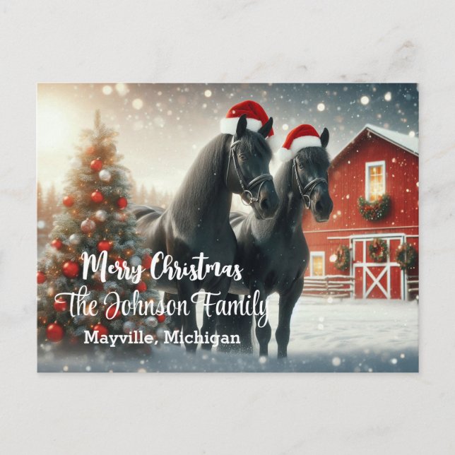 Merry Christmas with two black horses Postcard (Front)