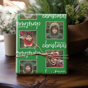Merry Christmas with Two Square Photos - green Wrapping Paper