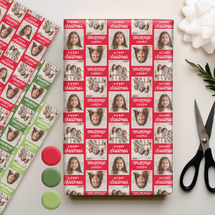Merry Christmas with Two Square Photos - red green Wrapping Paper Sheet
