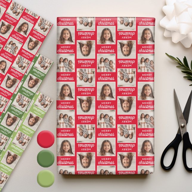 Merry Christmas with Two Square Photos - red green Wrapping Paper Sheet (Personalized Photo Wrapping Paper)
