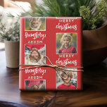 Merry Christmas with Two Square Photos - red Wrapping Paper<br><div class="desc">Add two pictures to this cute holiday illustration - perfect for the kids. A simple and modern photo to make a memorable wrap under your tree. A modern minimal script font with a place to upload 2 square photos.</div>