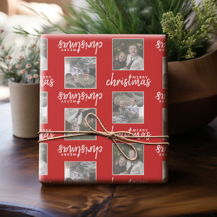 Merry Christmas with Two Square Photos - red Wrapping Paper