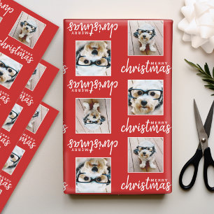 Merry Christmas with Two Square Photos red Wrapping Paper Sheet