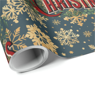 Merry Christmas with Vintage Gold Snowflakes Wrapping Paper
