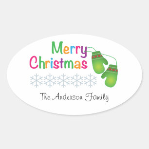 Merry Christmas with Winter Mittens Oval Sticker