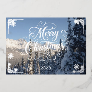 Merry Christmas with winter mountains poem inside Foil Holiday Card