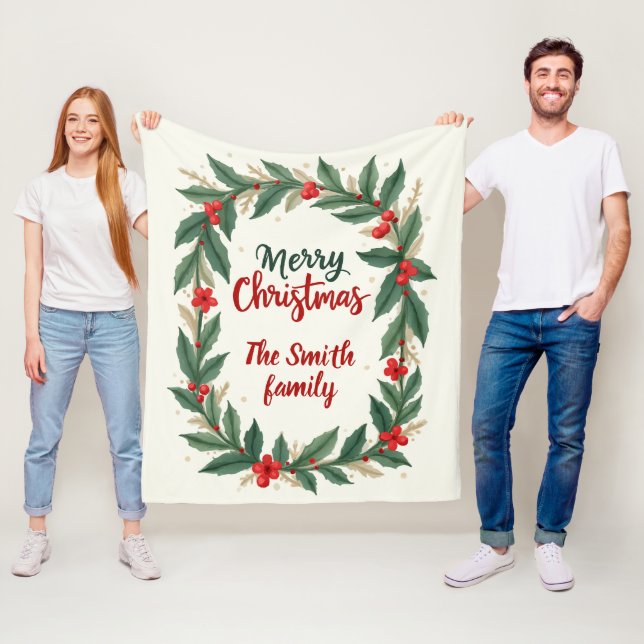 Merry Christmas With Wreath And Name Fleece Blanket (In Situ)