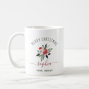 Merry Christmas with your Name   Watercolor Floral Coffee Mug