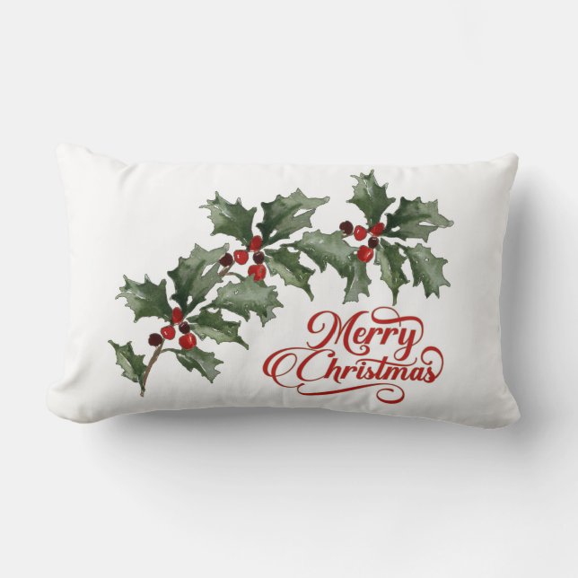Merry Christmas withGreen Branch with Berries  Lumbar Cushion (Front)