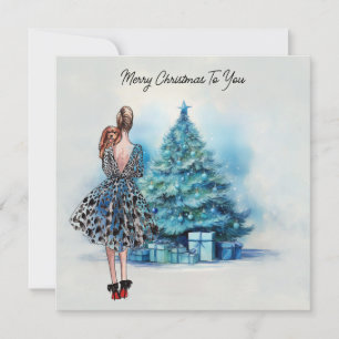 Merry Christmas woman and blue Christmas tree Card