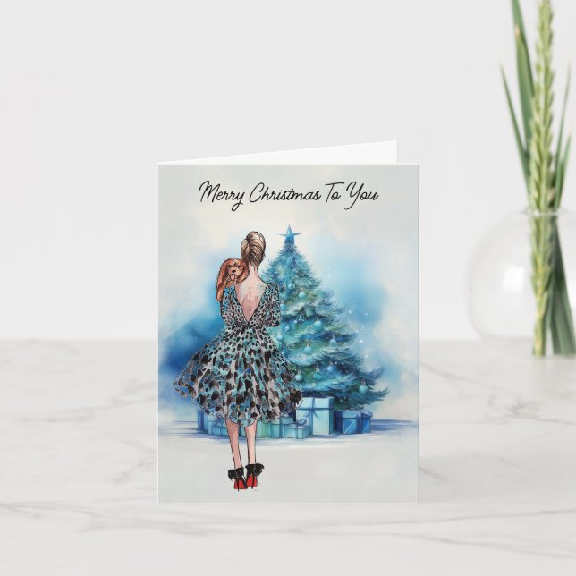 Merry Christmas woman and blue Christmas tree Card (Front)
